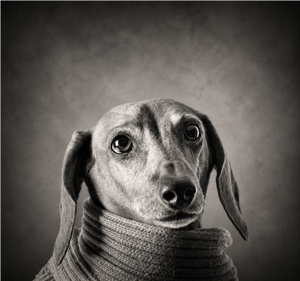 Zwart-wit portret van een teckel met gebreide sjaal – Greycard fine art imagery