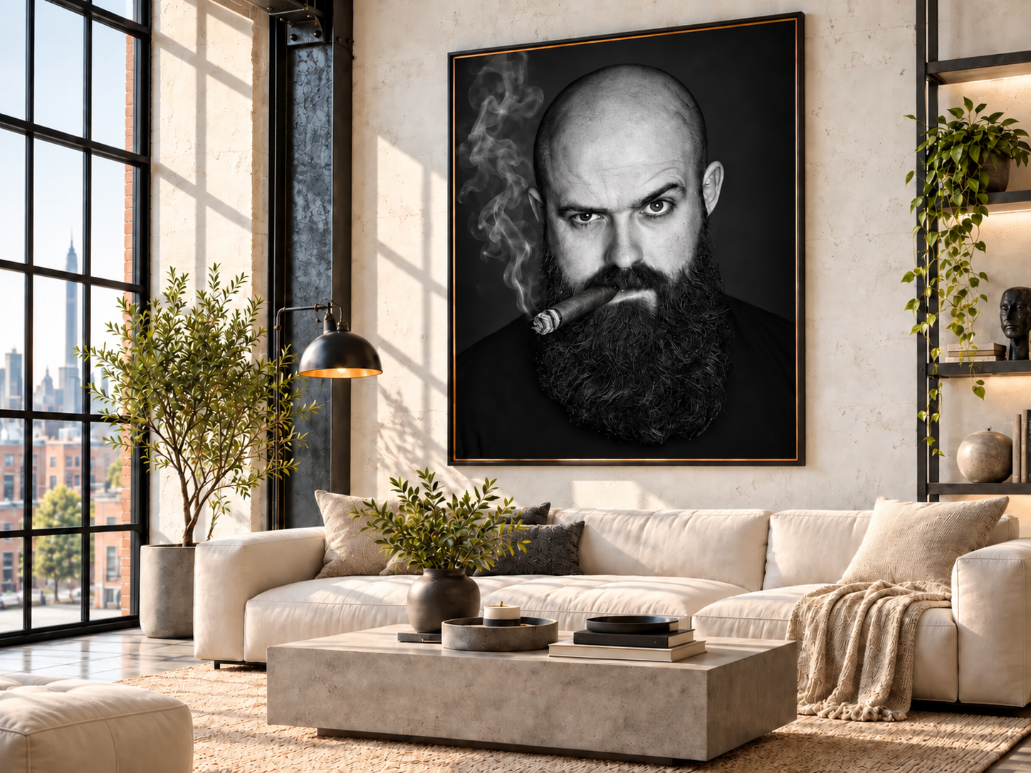 Glen in een volledig zwart-wit fine-art Aficionados-portret, ingelijst in een warm industrieel interieur