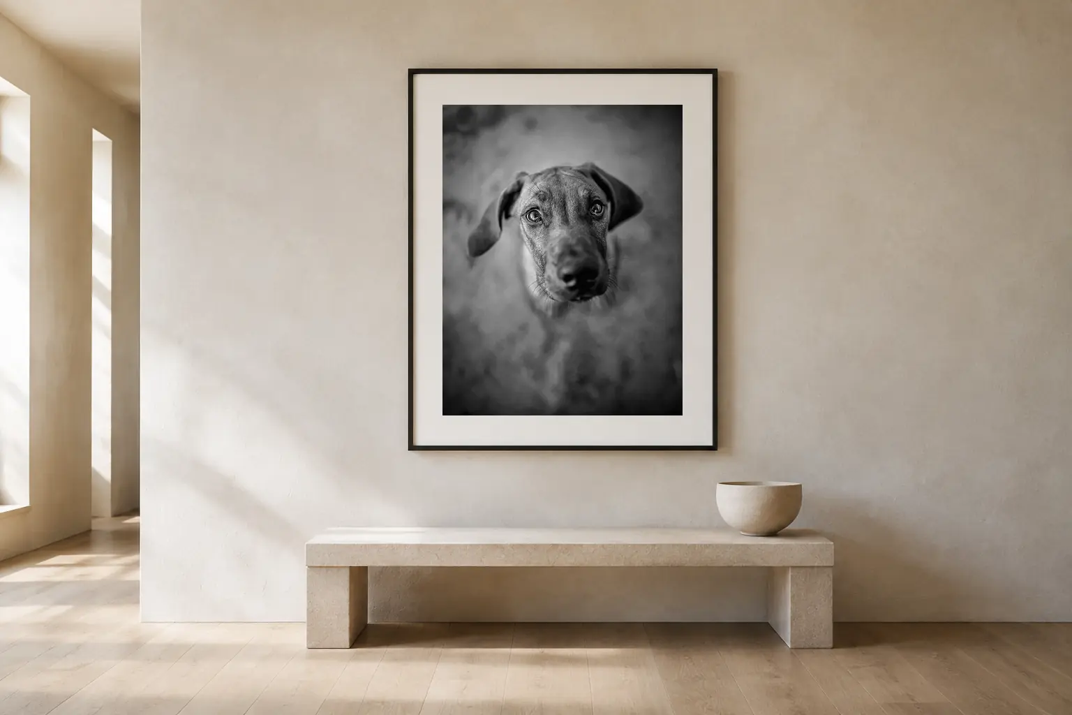 Portrait canin encadré de Fred en noir et blanc dans un intérieur clair — Greycard