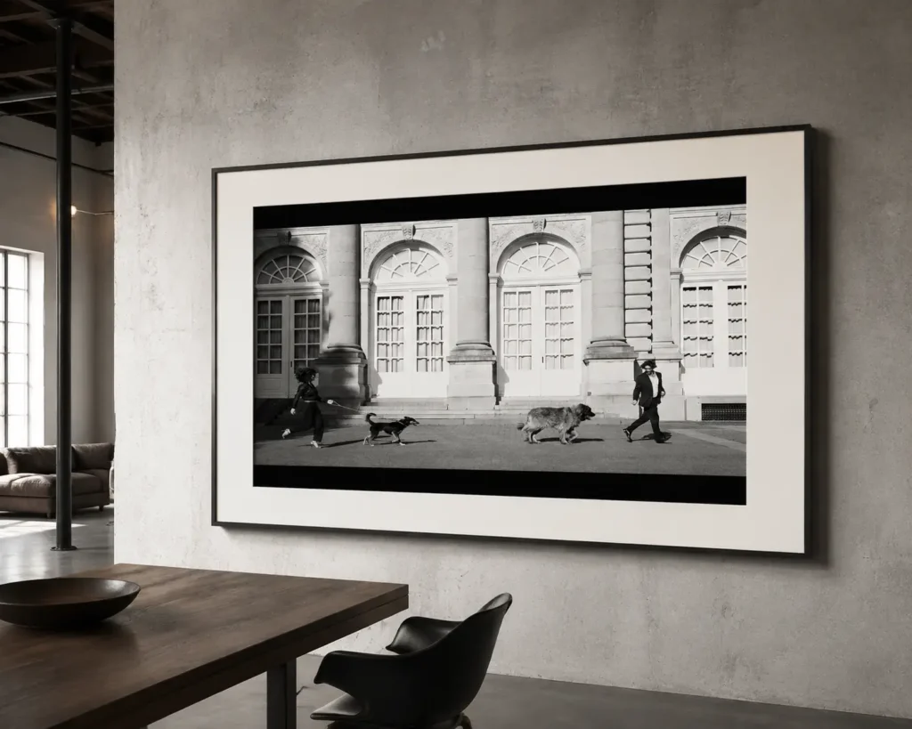 Photographie panoramique encadrée en noir et blanc d’un homme avec des chiens dans un intérieur moderne