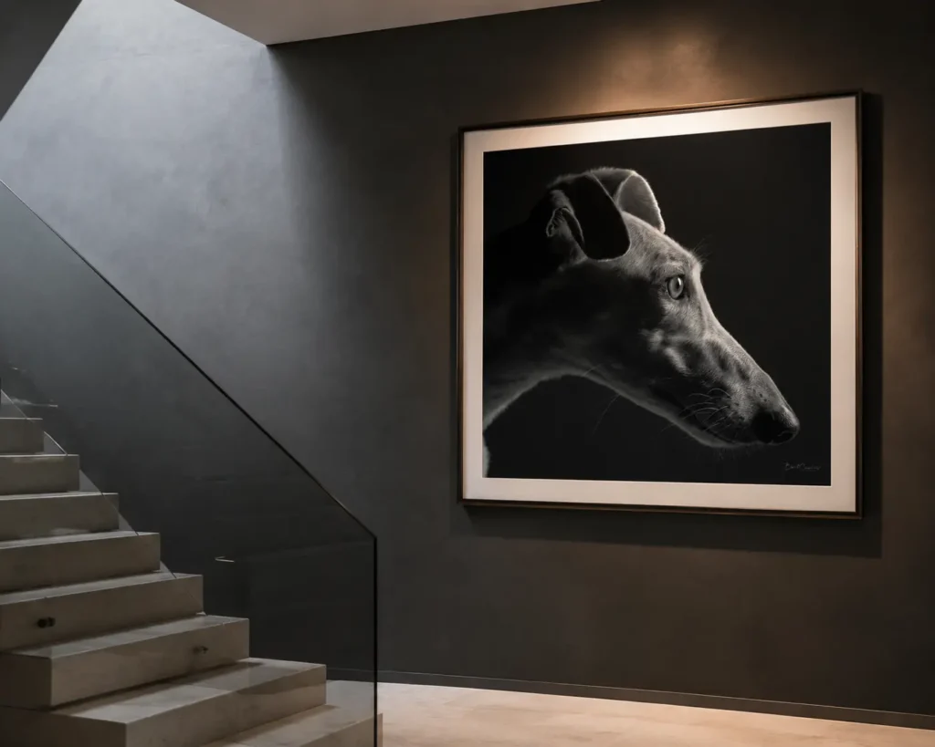 Portrait de profil encadré en noir et blanc d’un galgo dans un intérieur architectural