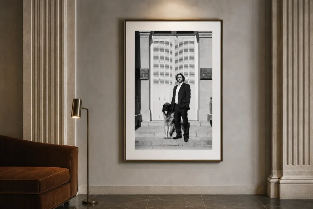 Ingelijst zwart-witportret van een man met zijn hond in een ingetogen interieur