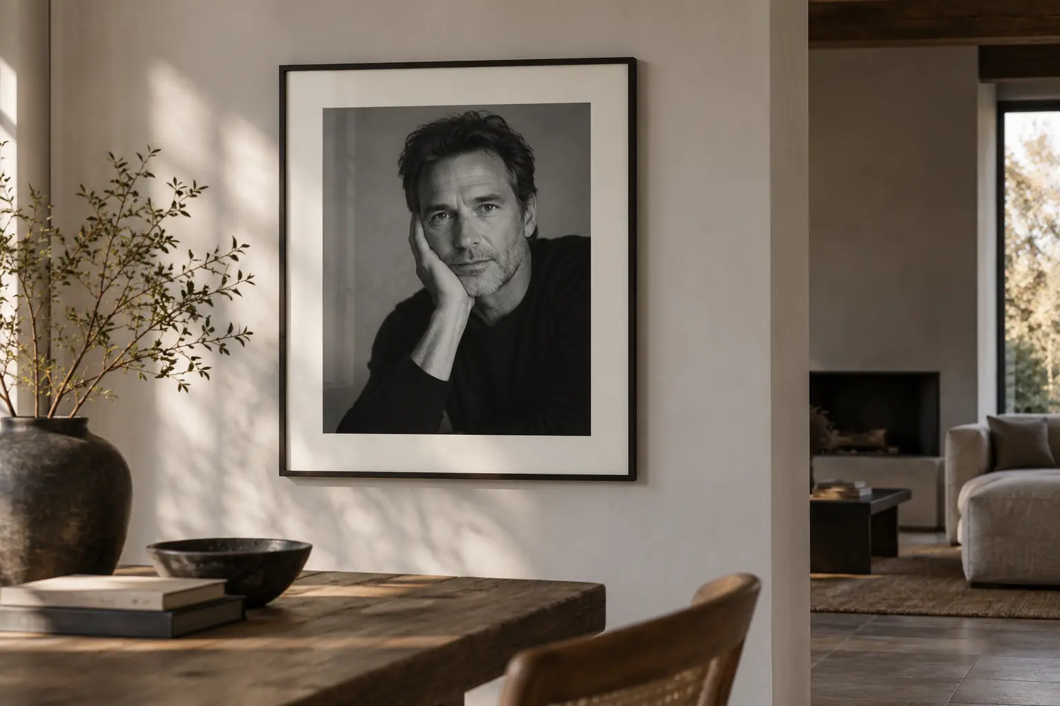Portrait noir et blanc de Glen encadré avec passe-partout dans un intérieur chaleureux et sobre
