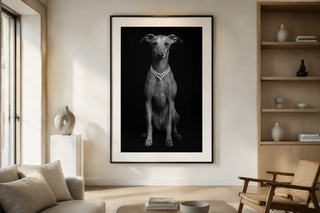 Ingelijst zwart-witportret van een Italiaanse windhond met diamanten halsketting in een helder stijlvol interieur