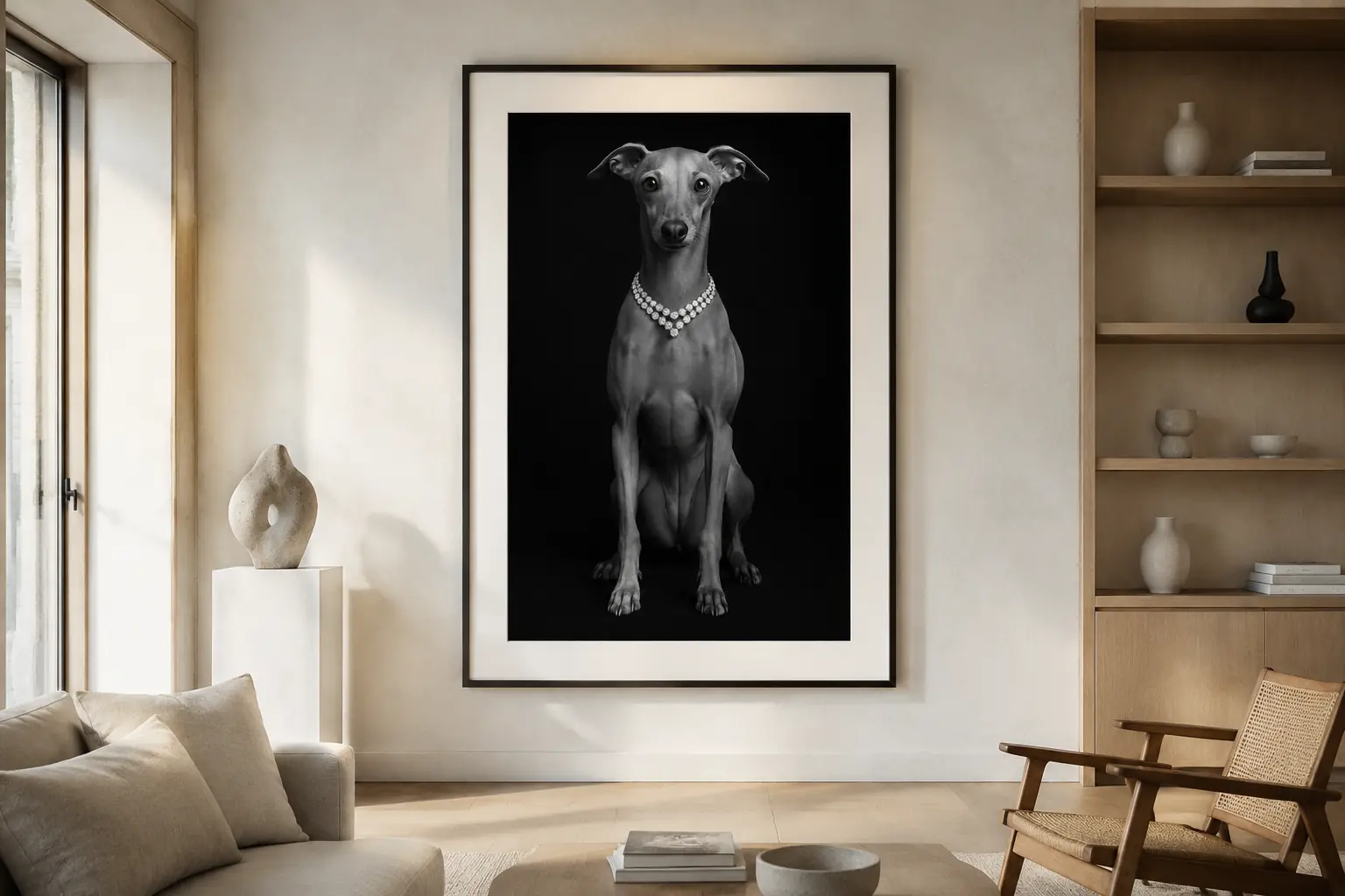 Ingelijst zwart-witportret van een Italiaanse windhond met diamanten halsketting in een helder stijlvol interieur