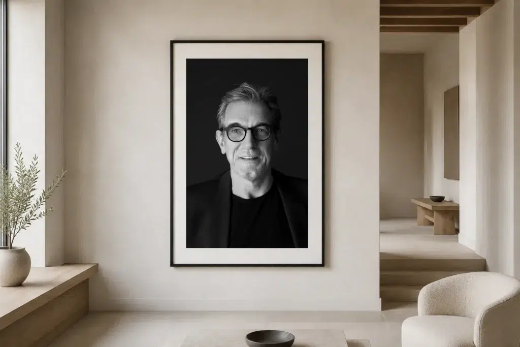 Portrait encadré en noir et blanc de Rob Vanoudenhoven dans un intérieur clair et élégant
