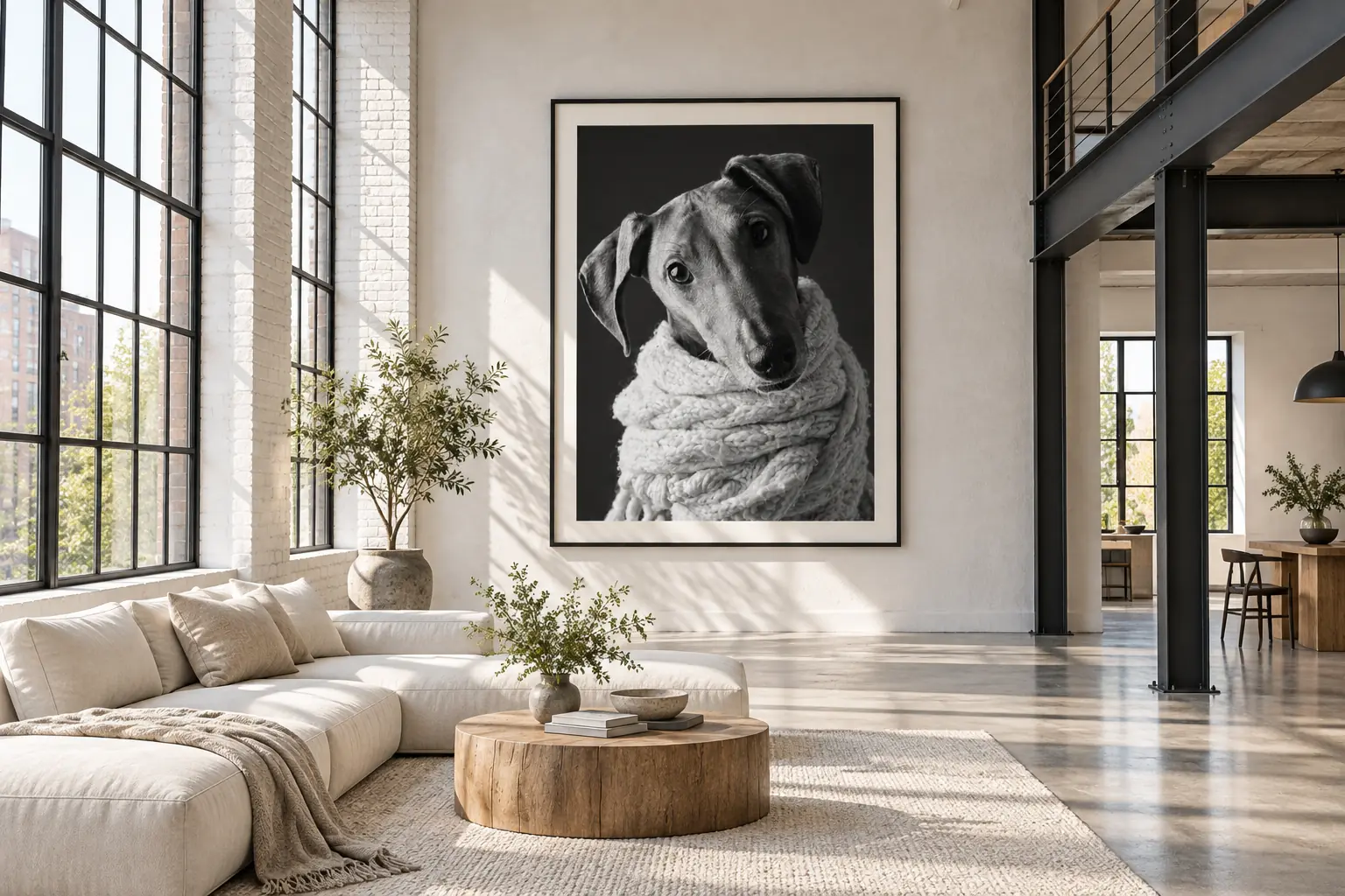 Ingelijst zwart-wit hondenportret met gebreide sjaal in een helder industrieel loftinterieur – Greycard